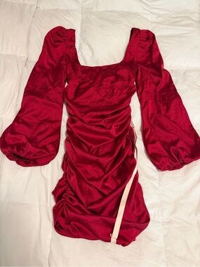 Oh Polly Red Puff-Sleeve Ruched Mini Dress - Women